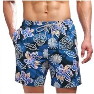 Men's Quick Dry Tropical Beach Shorts Swimsuit Swimwear Swim Trunks, Blue Leaf
